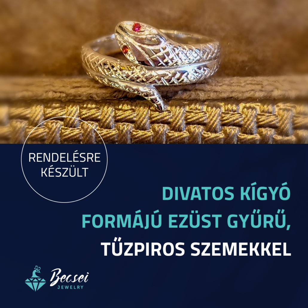 Kígyó formájú ezüst gyűrű tűzpiros szemekkel