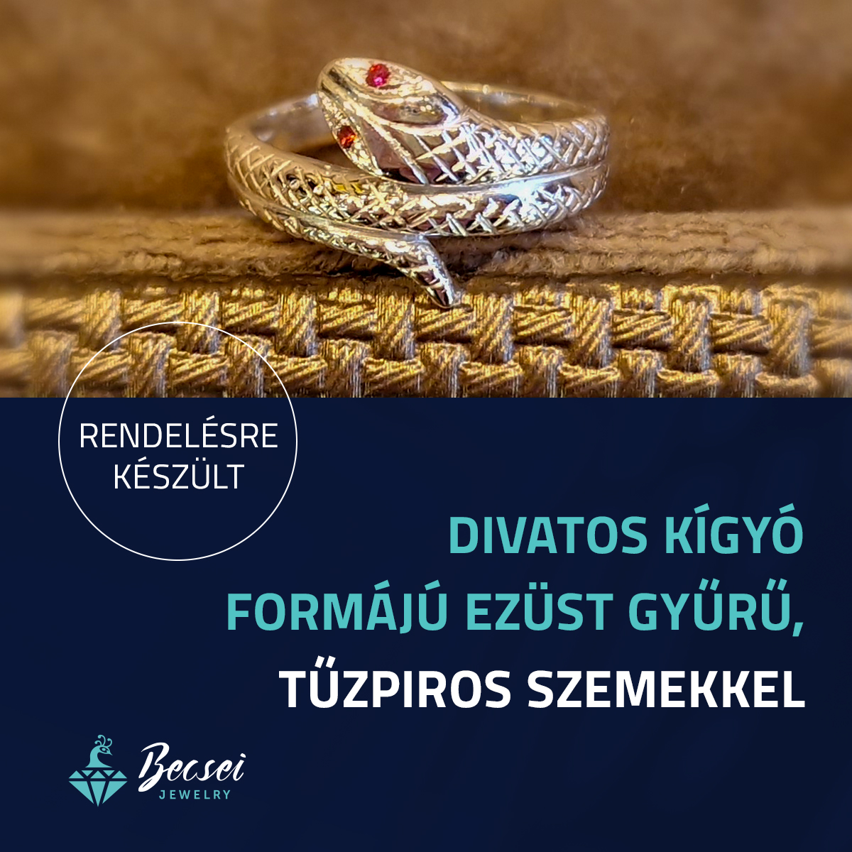 Kígyó formájú ezüst gyűrű tűzpiros szemekkel