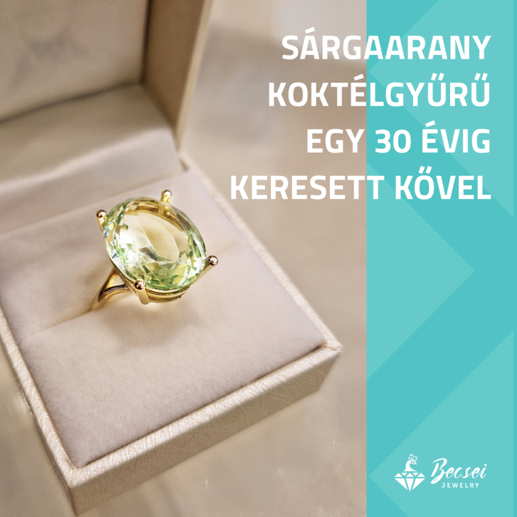 Sárgaarany koktélgyűrű UV-zöld kővel